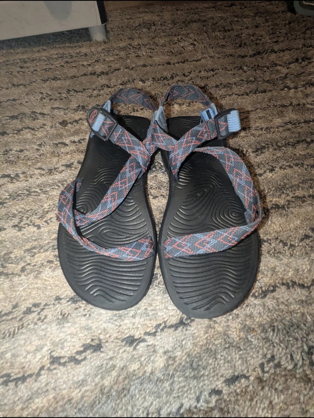 Chaco Black Sandals with Blue and Orange Patterned Straps